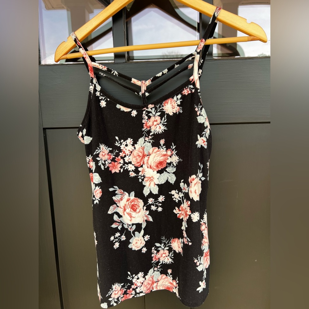 Women's smallblack tank top rose flower design boho chic summer Derek Heart